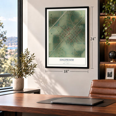 Edgewood, Illinois map, 18 x 24 inch print in a black frame in a home office