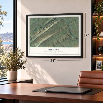 Milford, Juniata County, Pennsylvania map, 18 x 24 inch print in a black frame in a home office