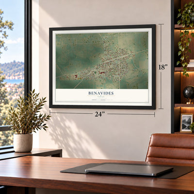 Benavides, Texas map, 18 x 24 inch print in a black frame in a home office
