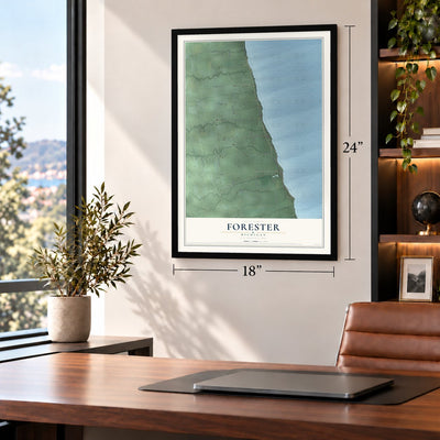Forester, Michigan map, 18 x 24 inch print in a black frame in a home office