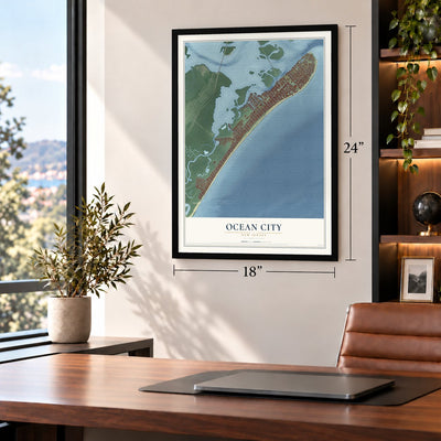 Ocean City, New Jersey map, 18 x 24 inch print in a black frame in a home office