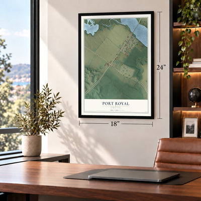 Port Royal, Virginia map, 18 x 24 inch print in a black frame in a home office
