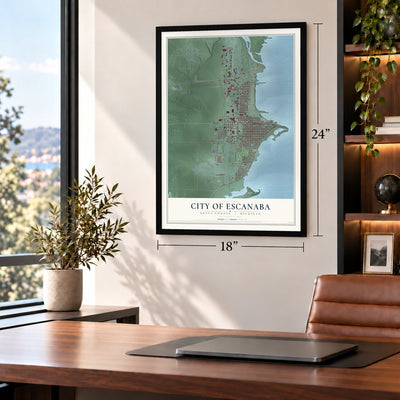 Escanaba, Michigan map, 18 x 24 inch print in a black frame in a home office