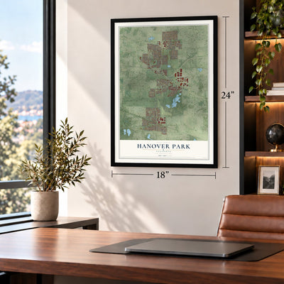 Hanover Park, Illinois map, 18 x 24 inch print in a black frame in a home office