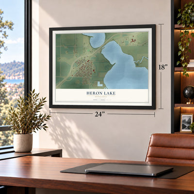 Heron Lake, Minnesota map, 18 x 24 inch print in a black frame in a home office