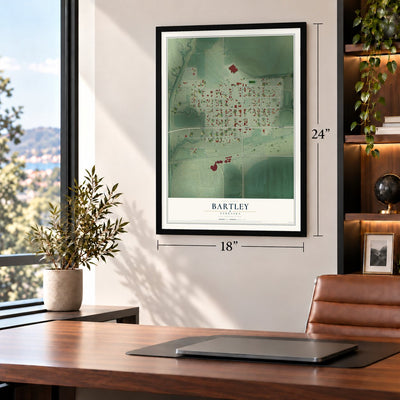 Bartley, Nebraska map, 18 x 24 inch print in a black frame in a home office