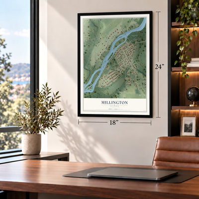 Millington, Illinois map, 18 x 24 inch print in a black frame in a home office