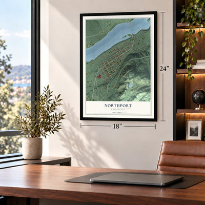 Northport, Washington map, 18 x 24 inch print in a black frame in a home office