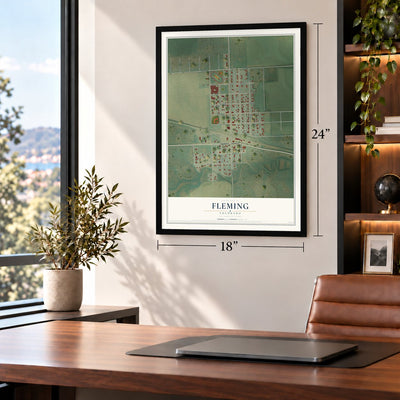 Fleming, Colorado map, 18 x 24 inch print in a black frame in a home office