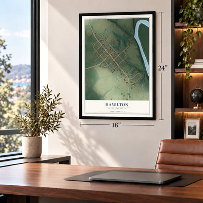 Hamilton, North Carolina map, 18 x 24 inch print in a black frame in a home office