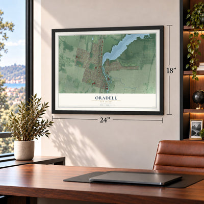 Oradell, New Jersey map, 18 x 24 inch print in a black frame in a home office