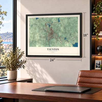 Taunton, Massachusetts map, 18 x 24 inch print in a black frame in a home office