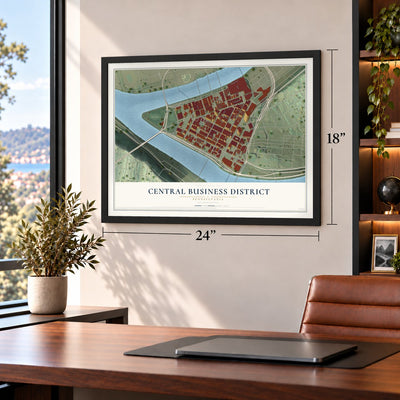 Central Business District, Pennsylvania map, 18 x 24 inch print in a black frame in a home office
