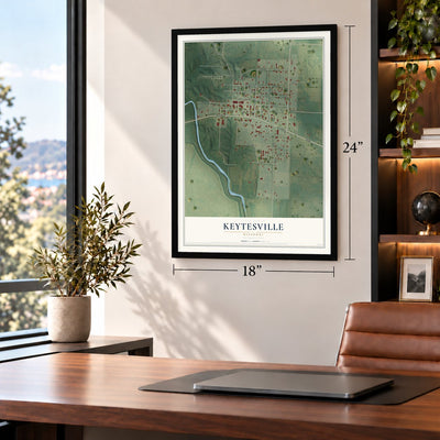 Keytesville, Missouri map, 18 x 24 inch print in a black frame in a home office