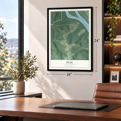 Peak, South Carolina map, 18 x 24 inch print in a black frame in a home office