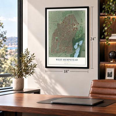 West Hempstead, New York map, 18 x 24 inch print in a black frame in a home office