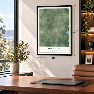 Oak Grove, Dodge County, Wisconsin map, 18 x 24 inch print in a black frame in a home office