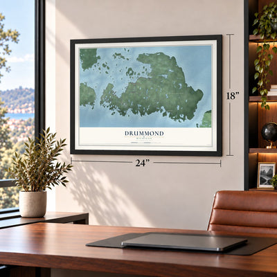 Drummond, Michigan map, 18 x 24 inch print in a black frame in a home office