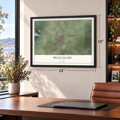 Belle Glade, Florida map, 18 x 24 inch print in a black frame in a home office