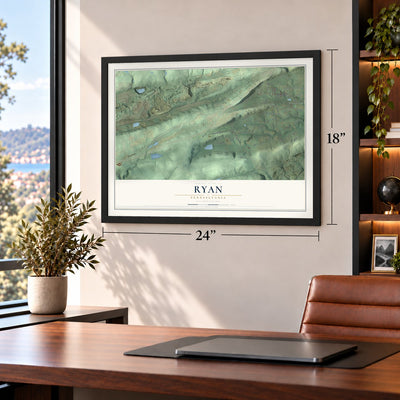 Ryan, Pennsylvania map, 18 x 24 inch print in a black frame in a home office