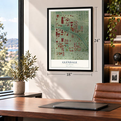 Glendale, Colorado map, 18 x 24 inch print in a black frame in a home office