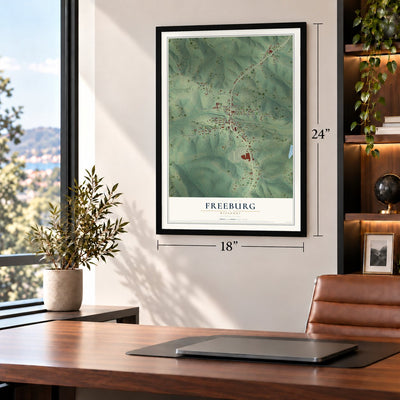 Freeburg, Missouri map, 18 x 24 inch print in a black frame in a home office