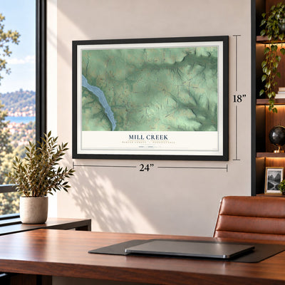 Mill Creek, Mercer County, Pennsylvania map, 18 x 24 inch print in a black frame in a home office