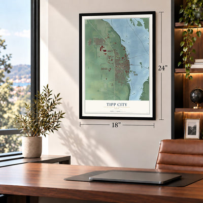 Tipp City, Ohio map, 18 x 24 inch print in a black frame in a home office