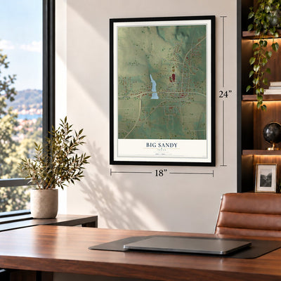 Big Sandy, Texas map, 18 x 24 inch print in a black frame in a home office