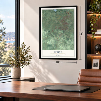 Spring, Berks County, Pennsylvania map, 18 x 24 inch print in a black frame in a home office