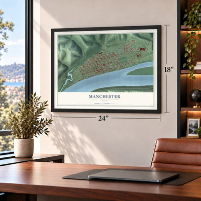 Manchester, Ohio map, 18 x 24 inch print in a black frame in a home office