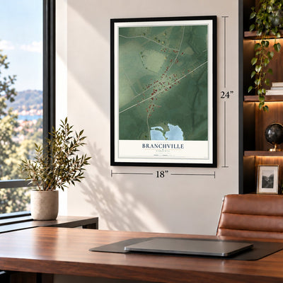 Branchville, Virginia map, 18 x 24 inch print in a black frame in a home office