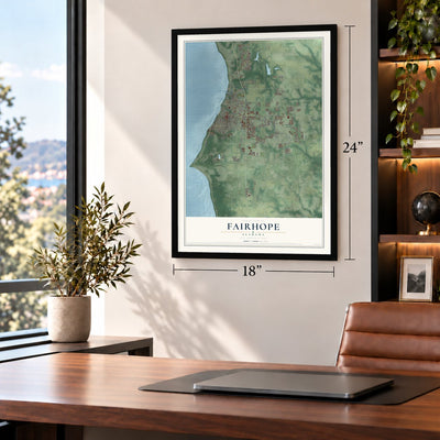 Fairhope, Alabama map, 18 x 24 inch print in a black frame in a home office