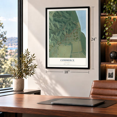 Commerce, Missouri map, 18 x 24 inch print in a black frame in a home office