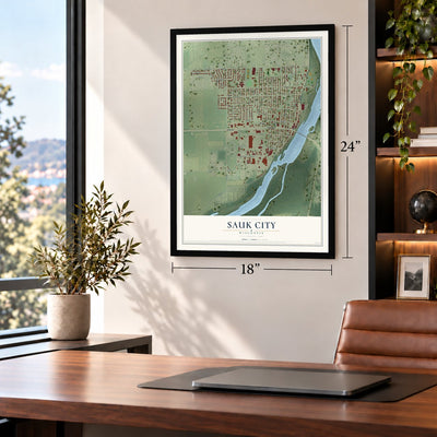 Sauk City, Wisconsin map, 18 x 24 inch print in a black frame in a home office