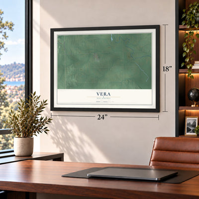 Vera, Oklahoma map, 18 x 24 inch print in a black frame in a home office