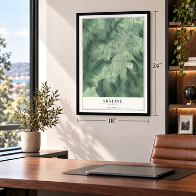 Skyline, Alabama map, 18 x 24 inch print in a black frame in a home office