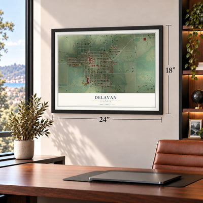 Delavan, Illinois map, 18 x 24 inch print in a black frame in a home office