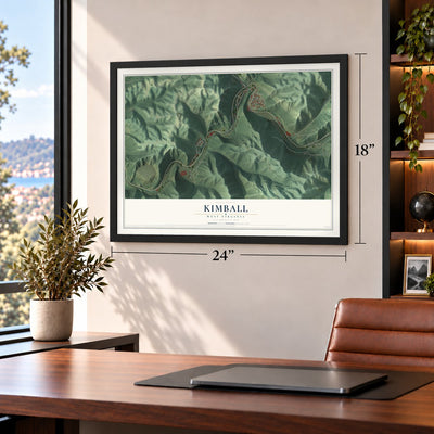 Kimball, West Virginia map, 18 x 24 inch print in a black frame in a home office