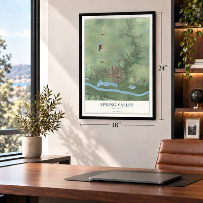Spring Valley, Illinois map, 18 x 24 inch print in a black frame in a home office