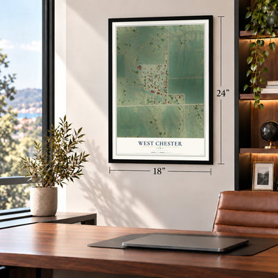 West Chester, Iowa map, 18 x 24 inch print in a black frame in a home office