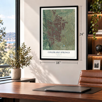 Colorado Springs, Colorado map, 18 x 24 inch print in a black frame in a home office