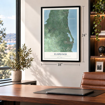 Elmwood, Leelanau County, Michigan map, 18 x 24 inch print in a black frame in a home office
