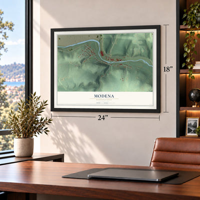 Modena, Pennsylvania map, 18 x 24 inch print in a black frame in a home office
