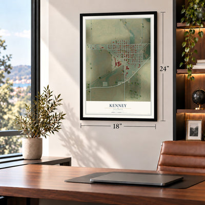 Kenney, Illinois map, 18 x 24 inch print in a black frame in a home office