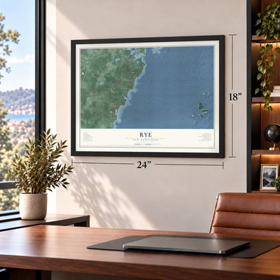 Rye, New Hampshire map, 18 x 24 inch print in a black frame in a home office