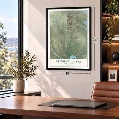 Elephant Butte, New Mexico map, 18 x 24 inch print in a black frame in a home office