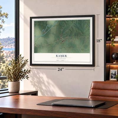 Ramer, Tennessee map, 18 x 24 inch print in a black frame in a home office