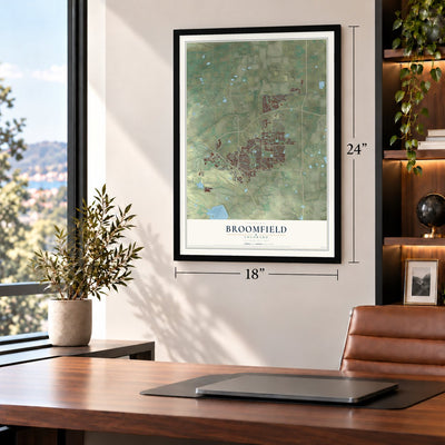 Broomfield, Colorado map, 18 x 24 inch print in a black frame in a home office