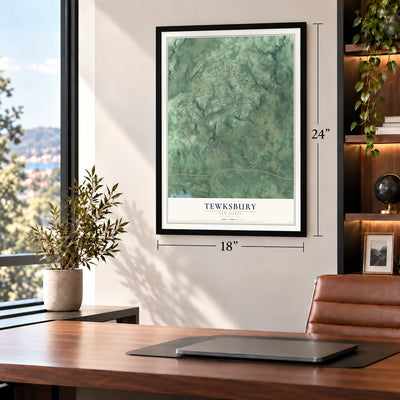 Tewksbury, New Jersey map, 18 x 24 inch print in a black frame in a home office